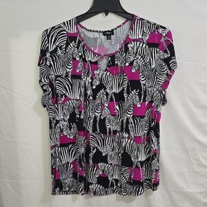 Links Women's Plus 2X Zebra Print Keyhole Pink Black Blouse